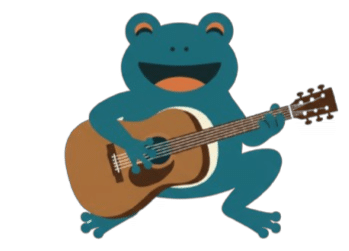 A cartoon blue frog plays a ukulele while smiling, representing the ukulele lessons in South Austin at Blue Frog School of Music